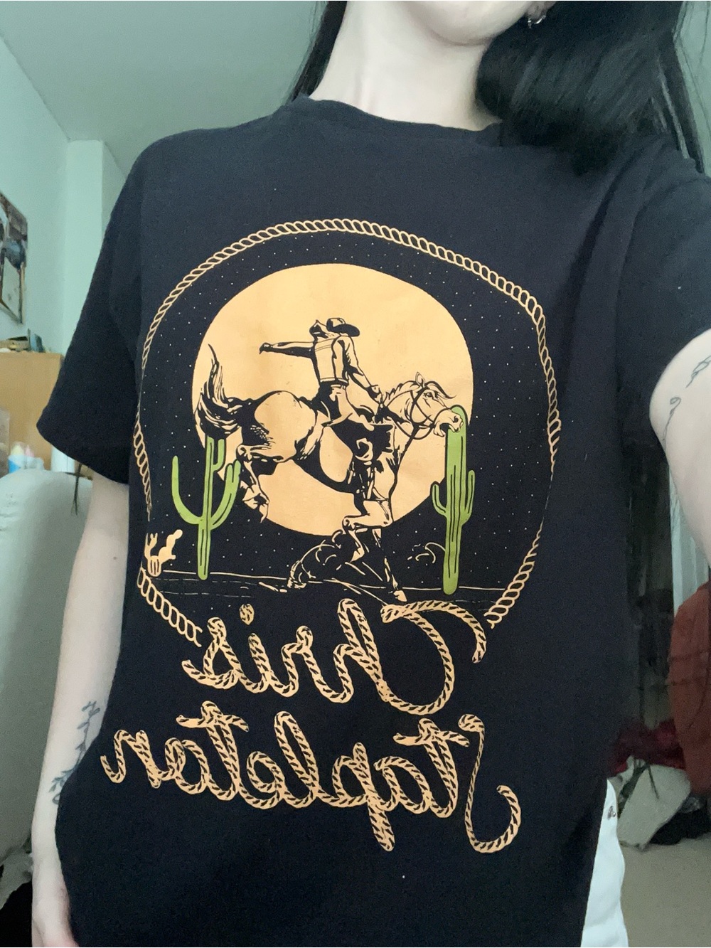 Black Western Graphic Tee with Yellow Moon and Green Cacti